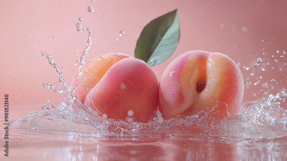 Fototapeta premium Two Peaches Splashing into Water with a Green Leaf