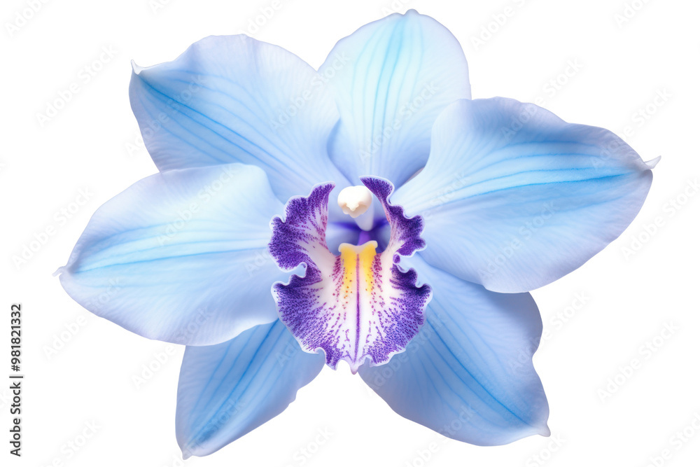 A delicate blue orchid with a symmetrical bloom and contrasting white highlights, isolated on white background