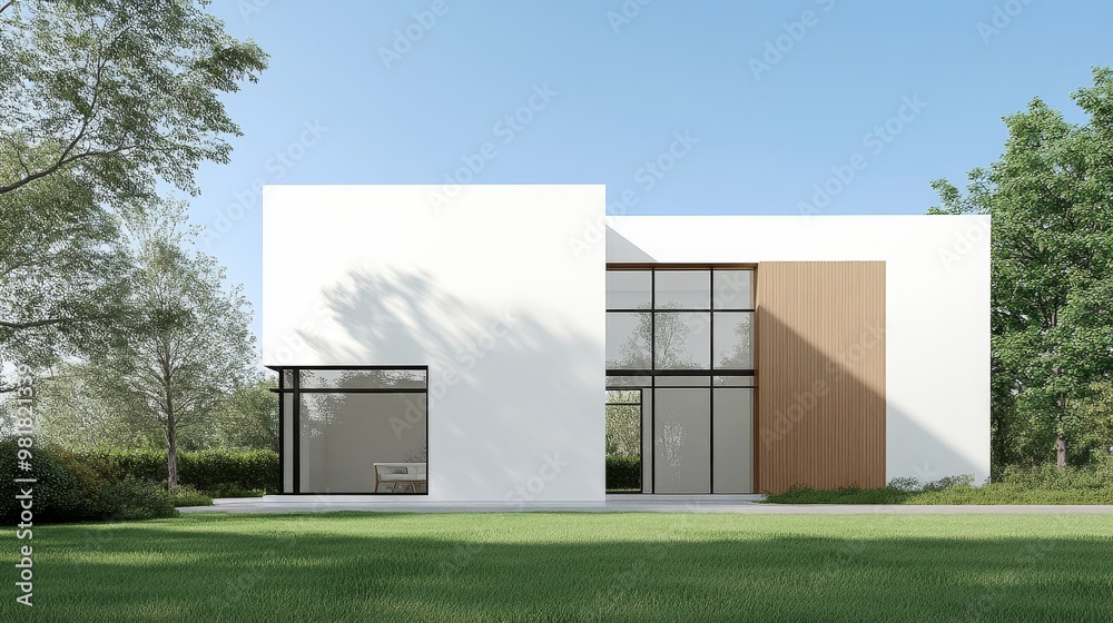 A sleek modern house with large windows, a wooden accent wall, and a green lawn, showcasing contemporary architecture and natural light. A sleek modern house with large windows, a wooden accent wall, and a green lawn, showcasing contemporary architecture and natural light.