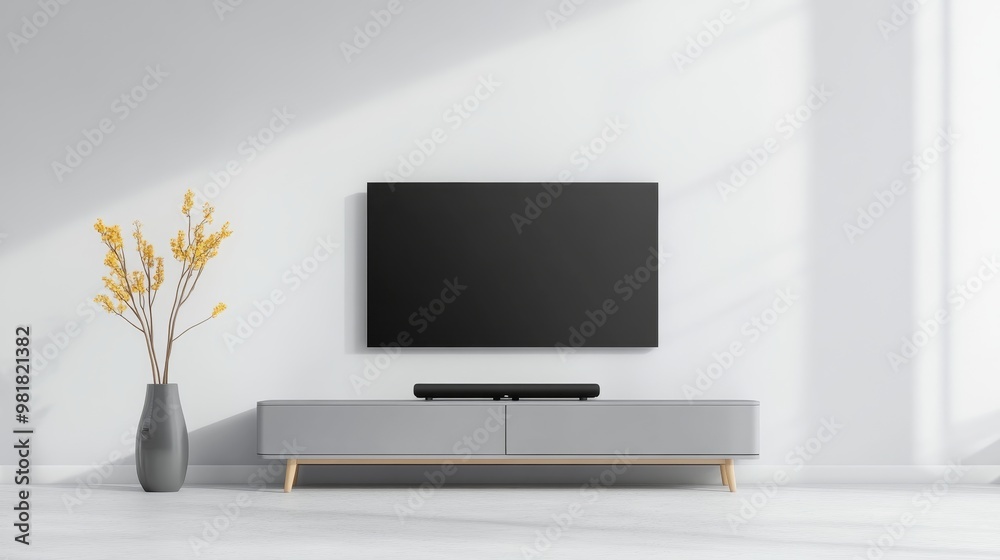 Fototapeta premium Modern minimalist living room interior featuring a flat screen TV, soundbar, sleek furniture, and a vase with yellow branches. It evokes a sense of simplicity, tranquility, and contemporary style.
