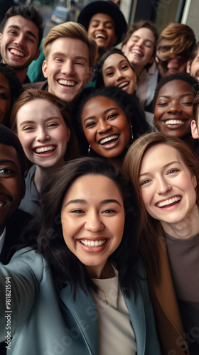 Happy friends and colleagues posing for a fun selfie, laughing and smiling, embodying youth and friendship.