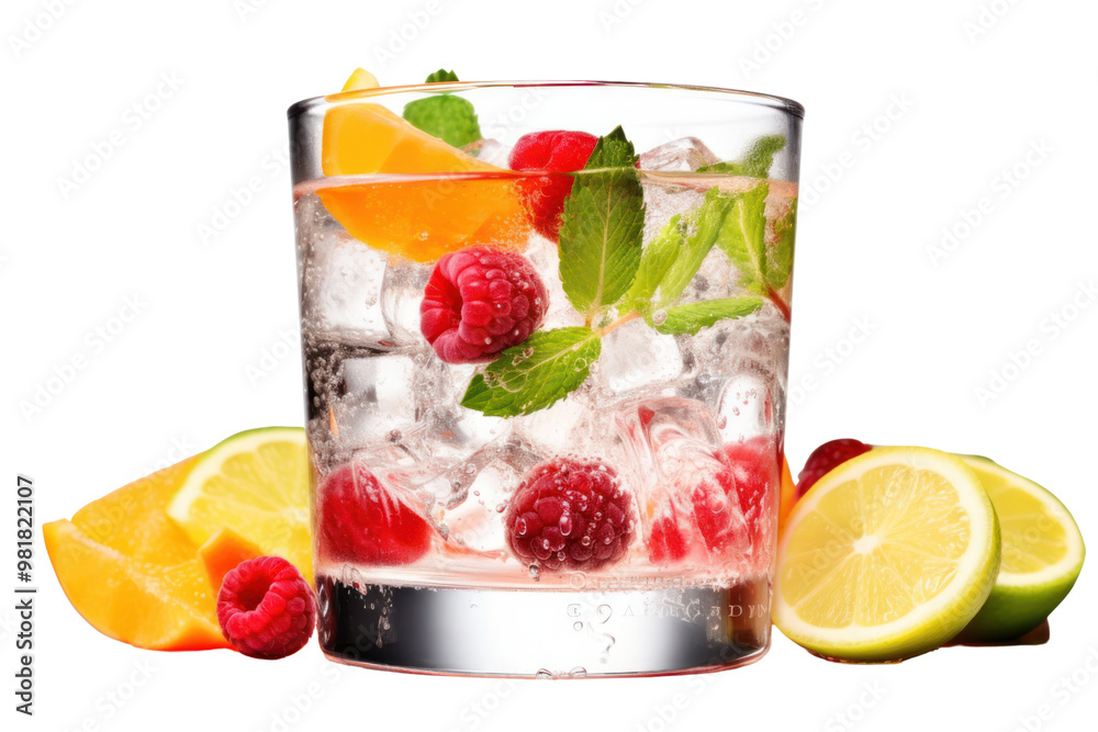 A colorful gin and tonic cocktail in a glass, filled with ice cubes and decorated with a mix of citrus slices, raspberries, and a twist of lime isolated on white background A colorful gin and tonic cocktail in a glass, filled with ice cubes and decorated with a mix of citrus slices, raspberries, and a twist of lime isolated on white background