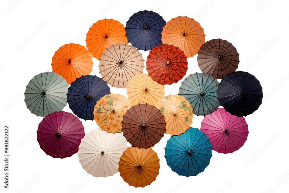 Naklejka premium A colorful array of rain umbrellas in various sizes and patterns arranged in a fan shape, highlighting diversity in design isolated on white background