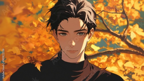 portrait of a handsome anime guy with striking black hair, standing in a bright autumn park