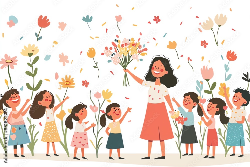 Fototapeta premium Happy Children Celebrating Teacher Appreciation with Flowers – A Heartwarming Illustration of Gratitude and Joy in a Classroom Setting