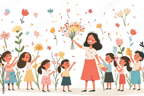 Happy Children Celebrating Teacher Appreciation with Flowers – A Heartwarming Illustration of Gratitude and Joy in a Classroom Setting