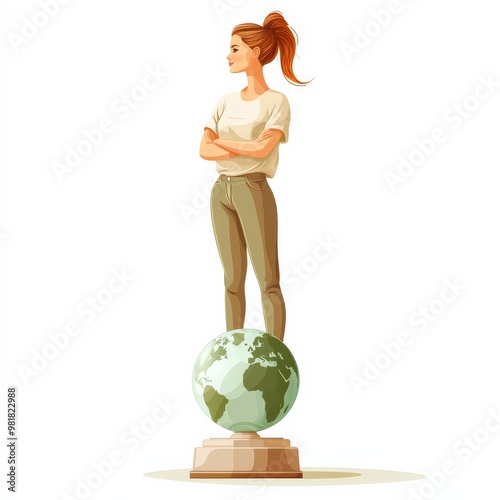 Global Ambition: A determined young woman stands tall, arms crossed, on a globe, symbolizing her ambition and global reach.  Her confident pose and the world at her feet illustrate her global aspirati photo