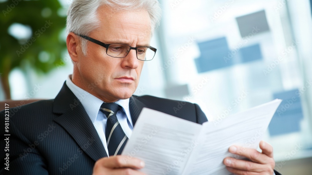 Senior business executive in formal suit analyzing financial regulations document in modern office, with blurred charts highlighting compliance and governance in finance. Senior business executive in formal suit analyzing financial regulations document in modern office, with blurred charts highlighting compliance and governance in finance.