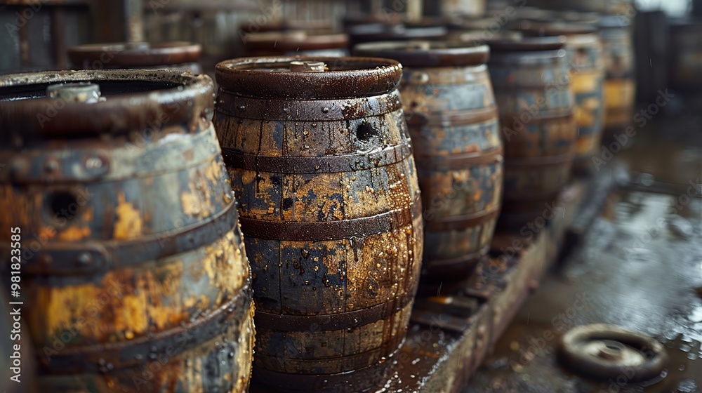 Close-up of Old Wooden Barrels in a Vintage Industrial Setting Close-up of Old Wooden Barrels in a Vintage Industrial Setting