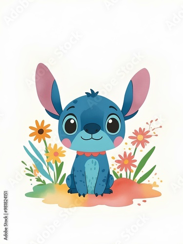 Watercolor Stitch Splash, Stitch Floral and Butterflies Watercolor Splash, Clipart Images, Graphics and Artwork, Stitch Summer Aesthetic, PNG Cute Birthday Images, white background