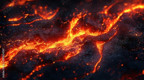 Close-up of molten lava flowing on a dark surface, with glowing embers and light patterns.