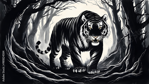 A large tiger roars menacingly in a forest covered with barren trees. Black and white illustration. photo