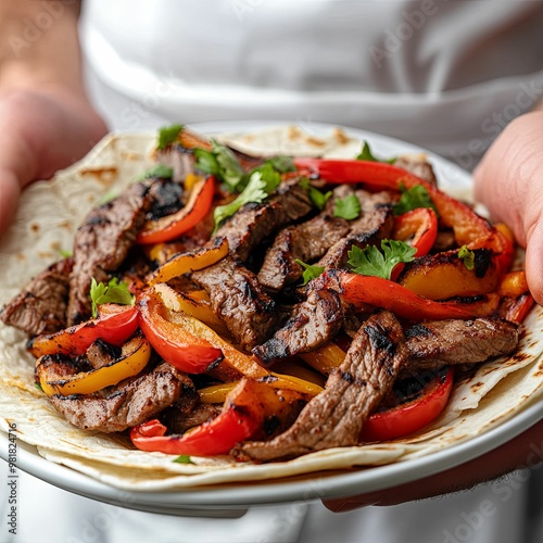 A Plate of Steak Fajitas with Peppers, Onions, and Cilantro