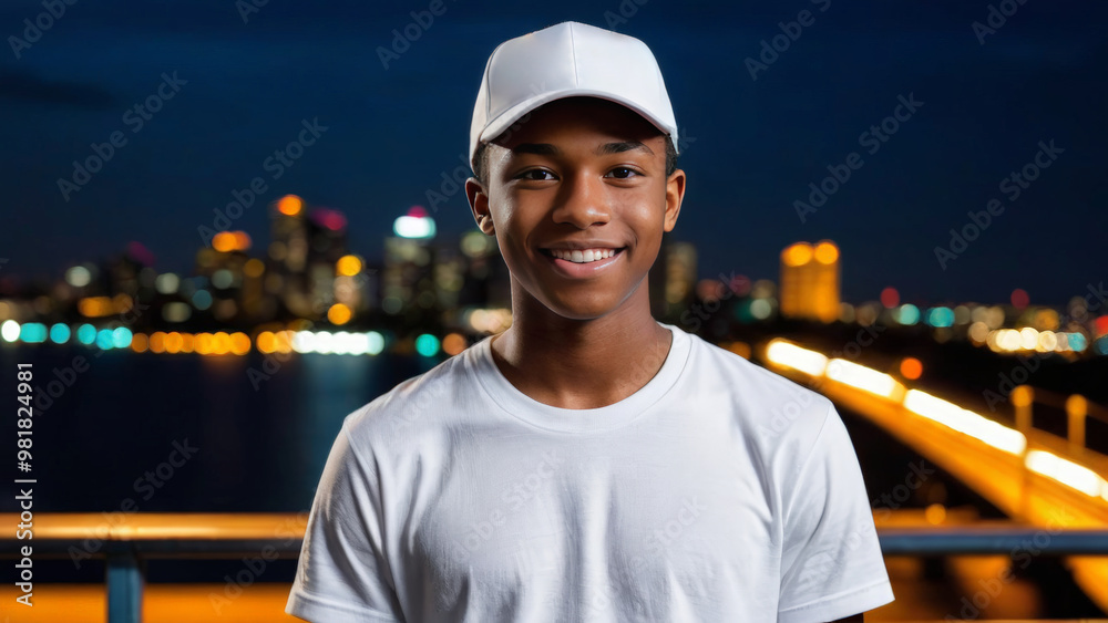 Black teenage boy wearing white t-shirt and white baseball cap standing on cityscape at night background Black teenage boy wearing white t-shirt and white baseball cap standing on cityscape at night background