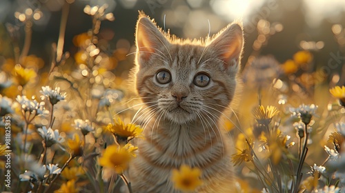 Adorable Kitten in a Field of Flowers