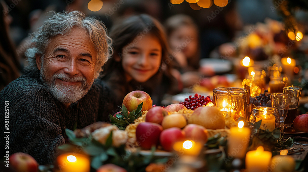 Fototapeta premium Diverse Family Celebrating Rosh Hashanah with Traditional Foods
