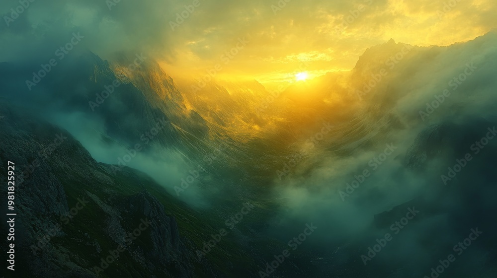 Fototapeta premium Sunlit Valley Between Misty Mountain Ranges