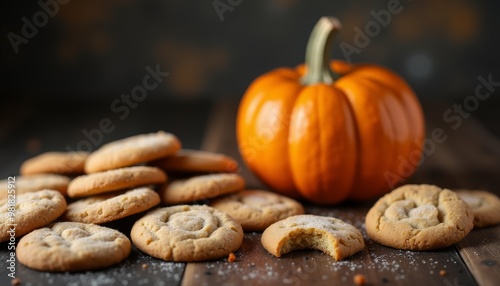 A pile of pumpkin cookies sits on a wooden table next to a pumpkin