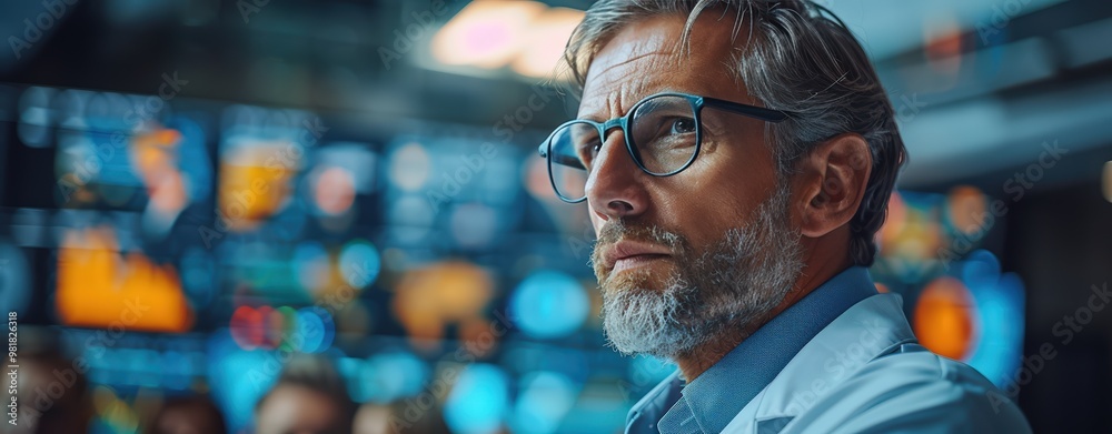 Middle-aged man with glasses in a modern, high-tech control room, focused on screens, representing technology and innovation. Middle-aged man with glasses in a modern, high-tech control room, focused on screens, representing technology and innovation.