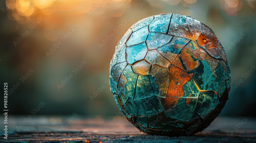 Ancient cracked glass globe with a stunning map of the world on a wooden surface, illuminated by warm sunset lighting. Ancient cracked glass globe with a stunning map of the world on a wooden surface, illuminated by warm sunset lighting.