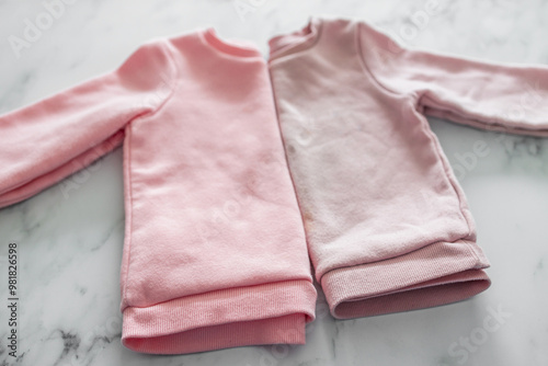 new vs old and used clothes, identical sweaters, side by side, unused vs worn out discoloured and shrunk photo