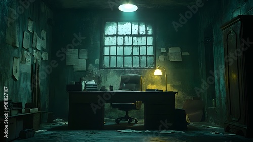 A dimly lit interrogation room, minimalist aesthetic, high-definition cameras capturing every angle, subject quietly waiting, eerie atmosphere photo