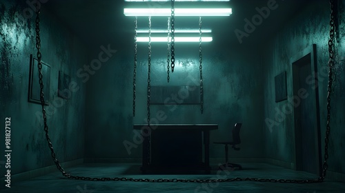 A dimly lit interrogation room, minimalist aesthetic, high-definition cameras capturing every angle, subject quietly waiting, eerie atmosphere photo