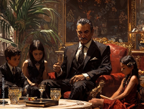 A mafia family in a luxurious living room, the patriarch instructing his children, passing down the code of the underworld to the next generation photo