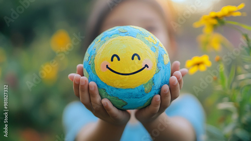 Celebrating World Smile Day with a child holding a painted globe in a vibrant garden setting photo