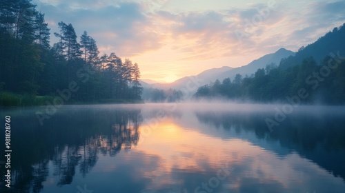 Misty Lake at Sunset with Mountain Range and Trees