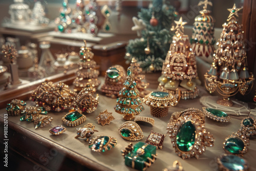 Close-up of a luxurious jewelry display in a store window, featuring intricate pieces adorned with emeralds and gold. The elegant holiday decorations enhance the luxury and festive atmosphere