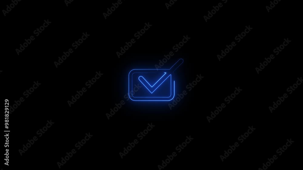 Glowing neon check mark icon inside rectangle. Glowing neon check mark icon inside rectangle.
