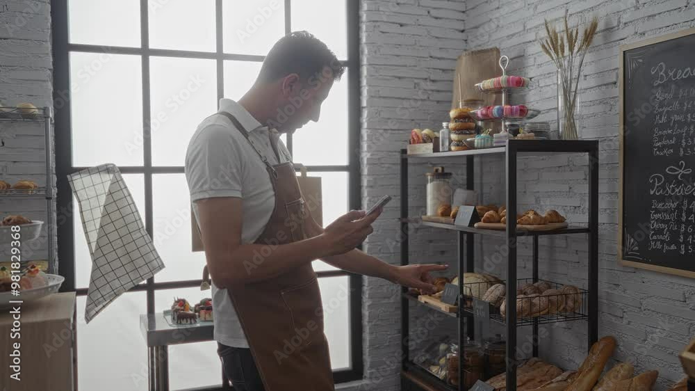 Man using phone in a bakery room with bread and pastries displayed on shelves under a price board Man using phone in a bakery room with bread and pastries displayed on shelves under a price board