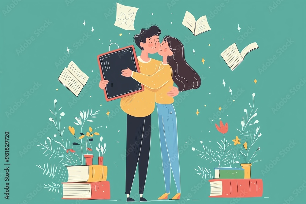 Romantic Couple Hugging on an Open Book with Hearts – A Whimsical ...