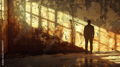 Rusty, run-down interrogation room, peeling paint, broken light flickers, tense atmosphere, suspect in silhouette, vintage, sepia tones, textured illustration, dramatic shadows photo