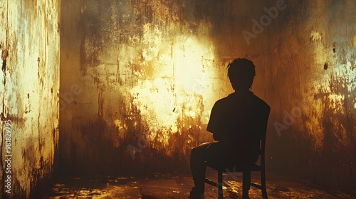 Rusty, run-down interrogation room, peeling paint, broken light flickers, tense atmosphere, suspect in silhouette, vintage, sepia tones, textured illustration, dramatic shadows photo