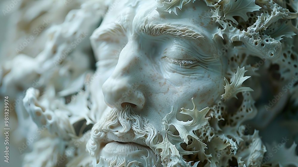 Surreal 3D Sculpture of a Human Face with Leaves Surreal 3D Sculpture of a Human Face with Leaves