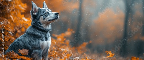 Dog Looking Up In Autumn Forest Rain