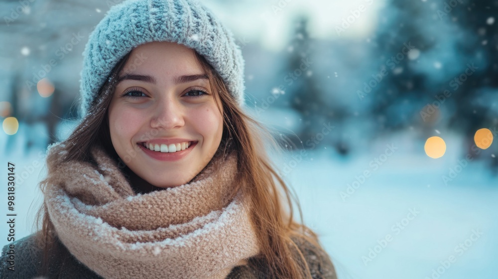Winter portrait of young beautiful woman in knitted hat and scarf on background of winter park. Winter portrait of young beautiful woman in knitted hat and scarf on background of winter park.