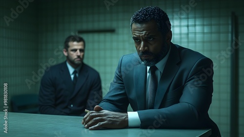 The detective's focused gaze meets the suspect's nervous stare, fingers tapping against the table, amplifying the tension in the dimly lit interrogation room