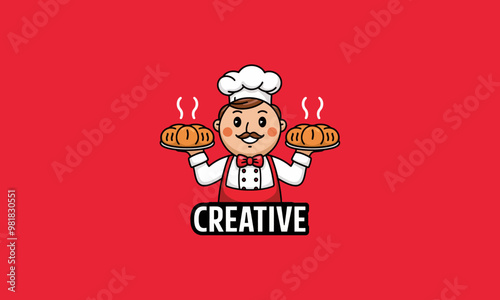 Cartoon chef holding two steaming loaves of bread, smiling happily.