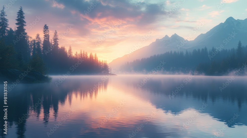 Misty Mountain Lake at Sunset with Silhouetted Trees Misty Mountain Lake at Sunset with Silhouetted Trees
