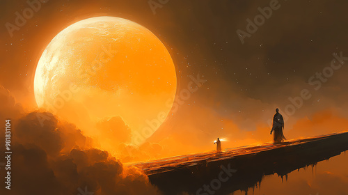 Abstract representation of the 9 Emperor Gods Festival, floating deities in a dark sky, ethereal lighting, mythology style, glowing elements, photo