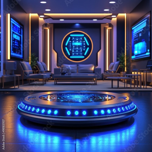 Futuristic sci fi style gaming room with glowing neon lighting and high tech console