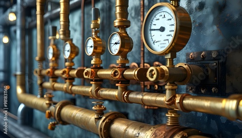 Vintage industrial steam pipes with intricate brass textures and mechanical gauges illuminated by warm ambient lighting