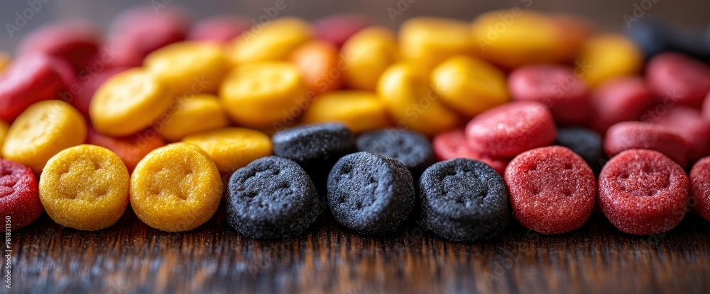 Colorful Candy Coated Chocolate Disks on Wooden Background Colorful Candy Coated Chocolate Disks on Wooden Background