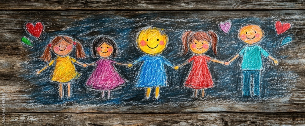 Fototapeta premium Chalkboard Drawing of Kids Holding Hands on Wooden Background