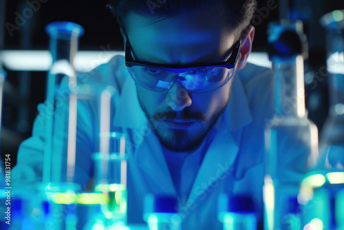 Focused male scientist conducting experiments with glowing test tubes in a modern laboratory at night