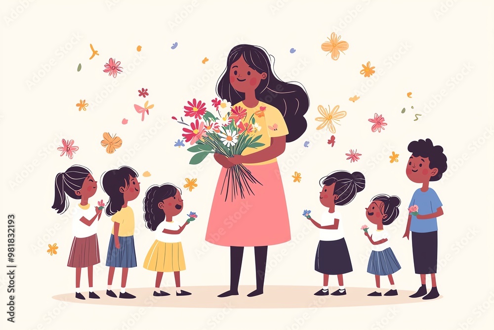 Happy Children Celebrating Teacher Appreciation with Flowers – A Heartwarming Illustration of Gratitude and Joy in a Classroom Setting Happy Children Celebrating Teacher Appreciation with Flowers – A Heartwarming Illustration of Gratitude and Joy in a Classroom Setting