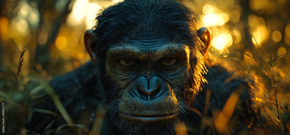 A close-up of a realistic, expressive ape in a natural setting. A close-up of a realistic, expressive ape in a natural setting.